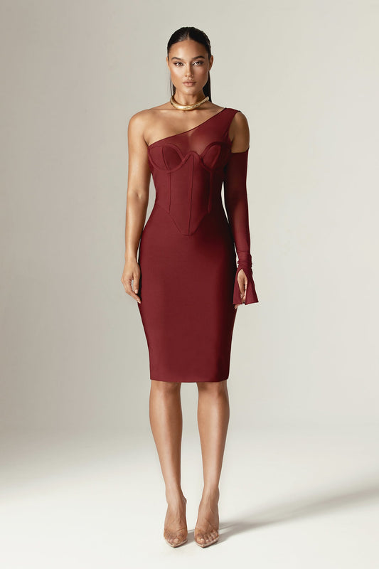 Naomi File Bandaj Midi Elbise (Bordo)